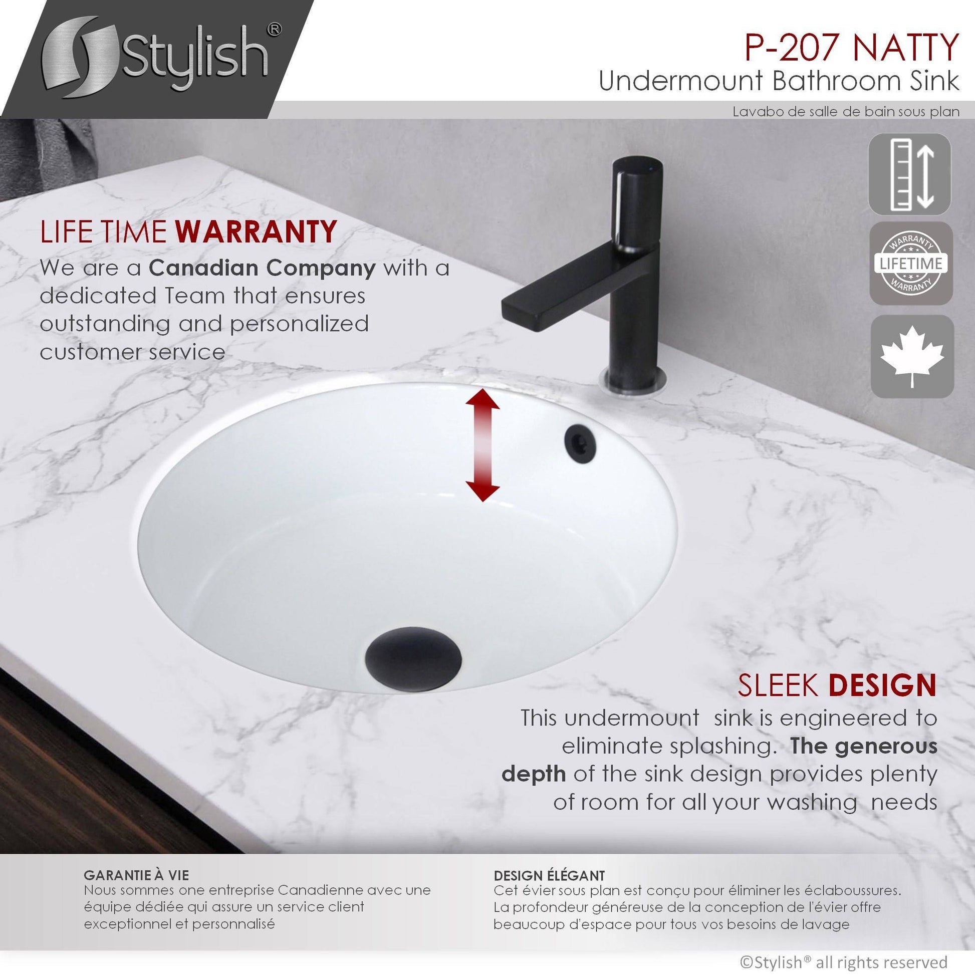 Stylish Natty 16" x 16" Round Undermount Ceramic Bathroom Sink with 2 Overflow Finishes P-207 - Renoz