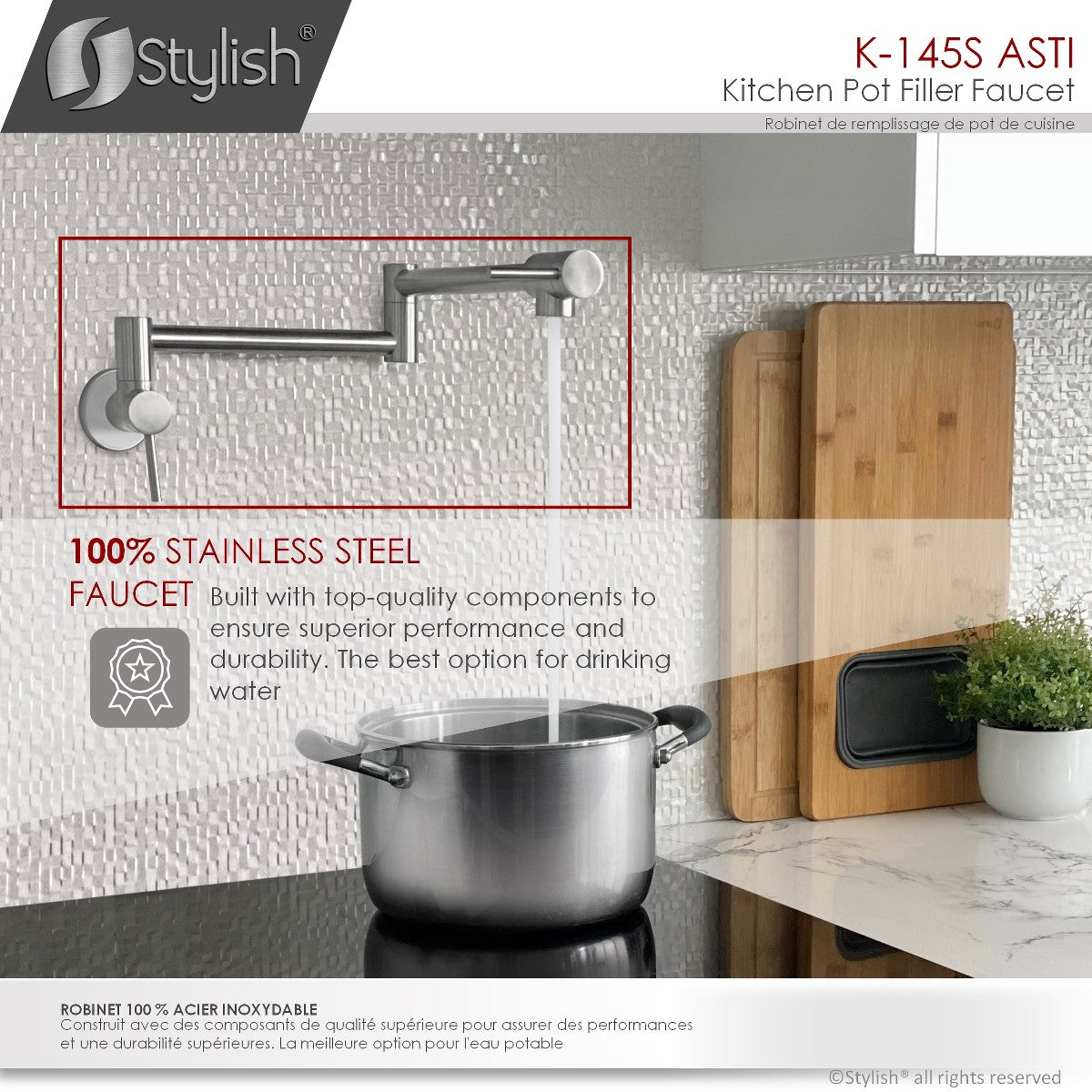 Stylish ASTI Stainless Steel Wall Mount Pot Filler Folding Stretchable with Single Hole Two Handles K-145S