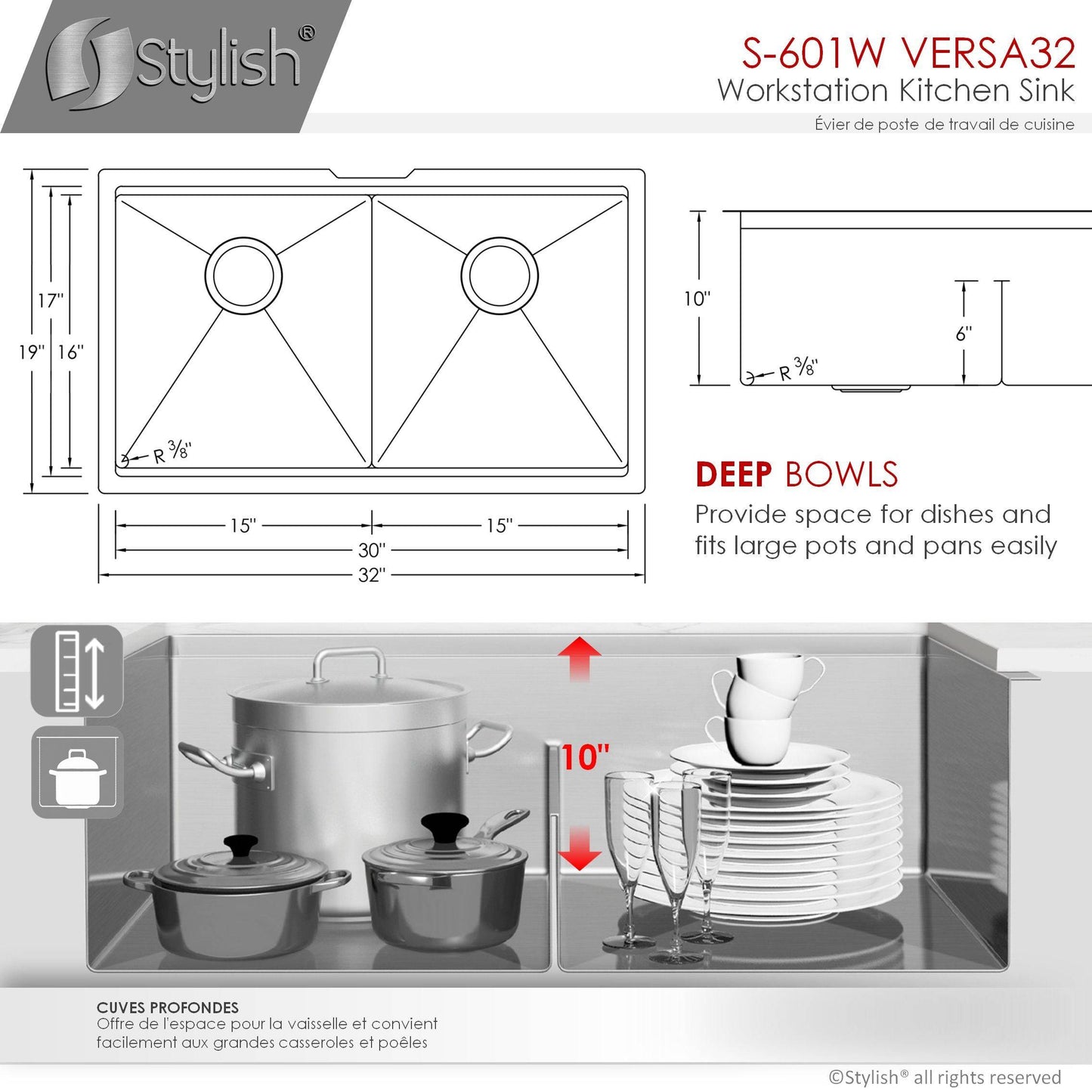 Stylish Versa 32 32" x 19" Workstation Double Bowl Undermount Kitchen Sink with Built in Accessories S-601W - Renoz