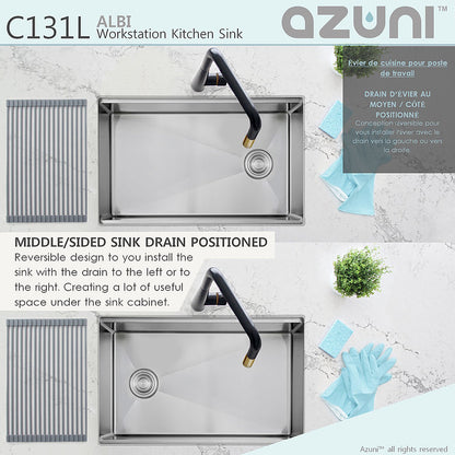 Azuni Albi 30" x 19" Reversible Undermount Workstation Single Bowl Kitchen Sink C131L - Renoz