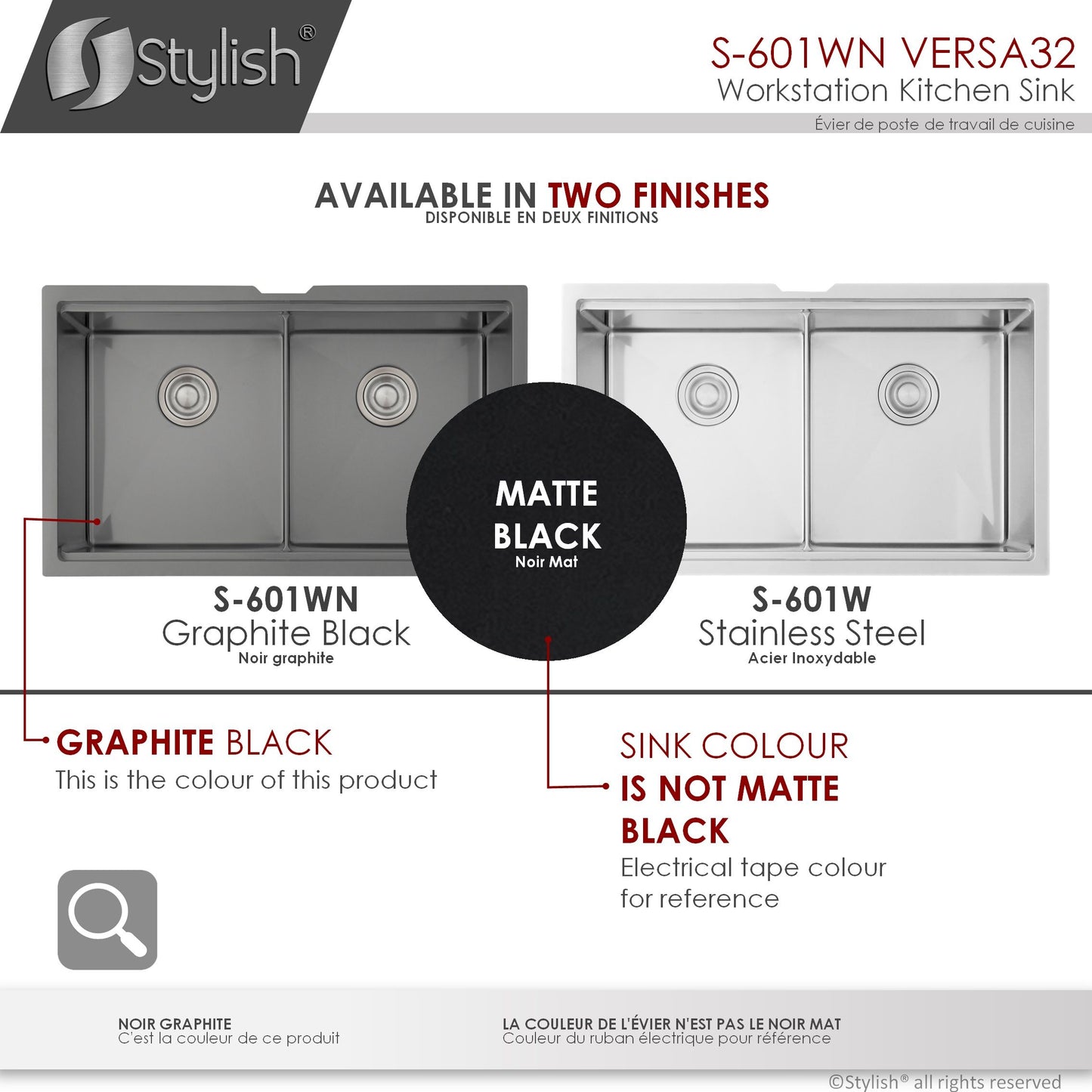 Stylish VERSA 32 32" x 19" Graphite Black Workstation Double Bowl Undermount 16 Gauge Stainless Steel Kitchen Sink with Built in Accessories, S-601WN