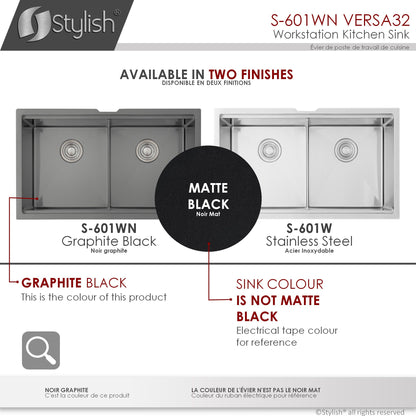 Stylish VERSA 32 32" x 19" Graphite Black Workstation Double Bowl Undermount 16 Gauge Stainless Steel Kitchen Sink with Built in Accessories, S-601WN