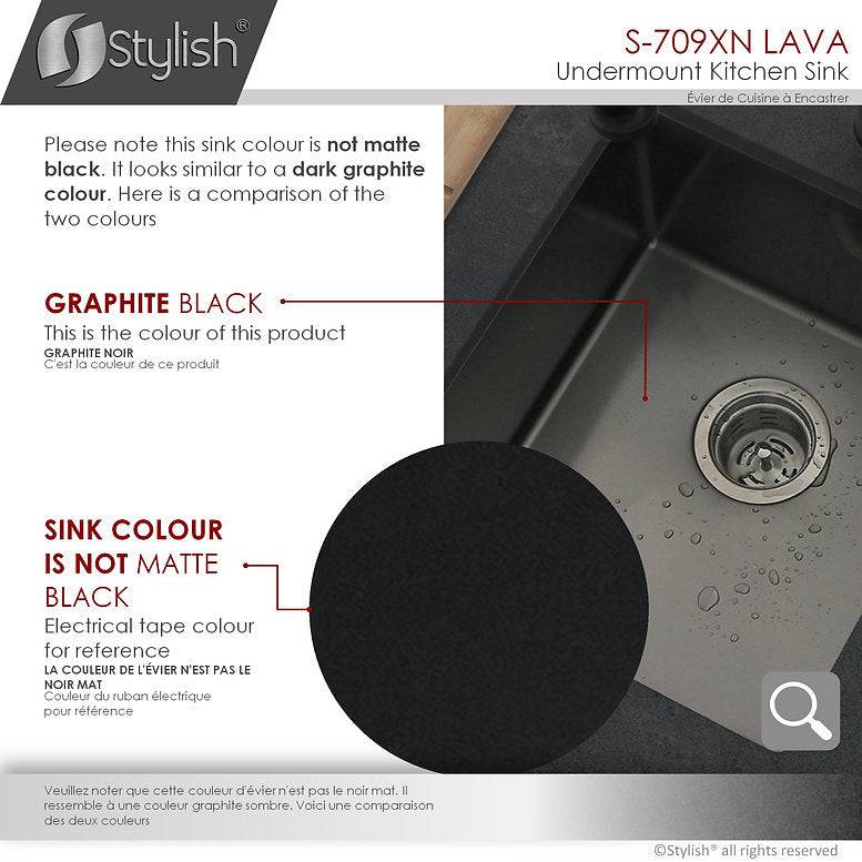 Stylish Lava 16" x 18" Graphite Black Single Bowl Undermount Stainless Steel Kitchen Sink With Grid and Basket Strainer, S-709XN - Renoz