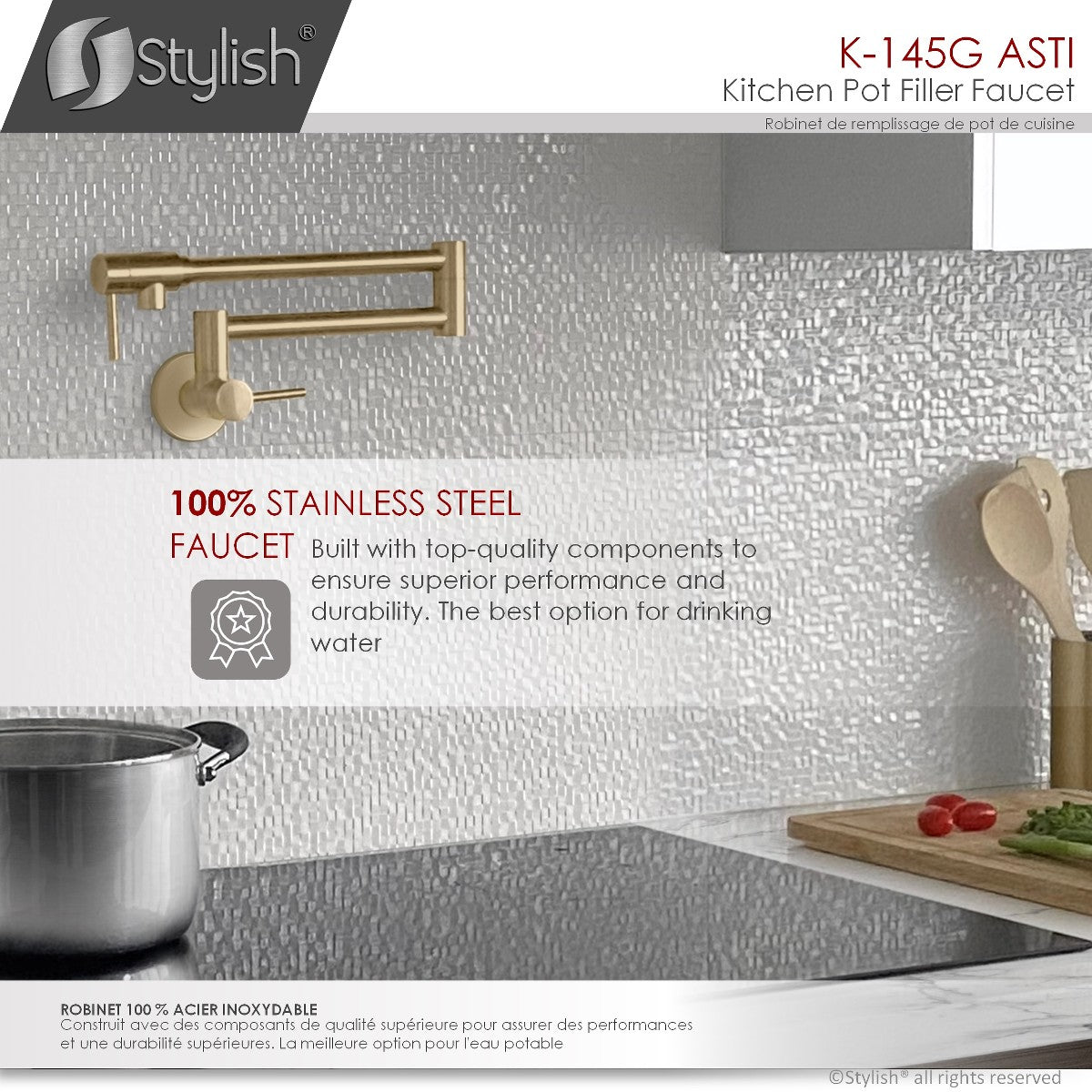 Stylish ASTI Stainless Steel Wall Mount Pot Filler Folding Stretchable with Single Hole Two Handles - Brushed Gold Finish K-145G