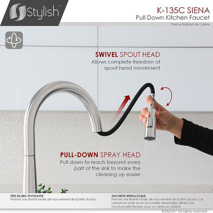 Stylish Siena Kitchen Faucet Single Handle Pull Down Dual Mode Stainless Steel Polished Chrome Finish K-135C - Renoz