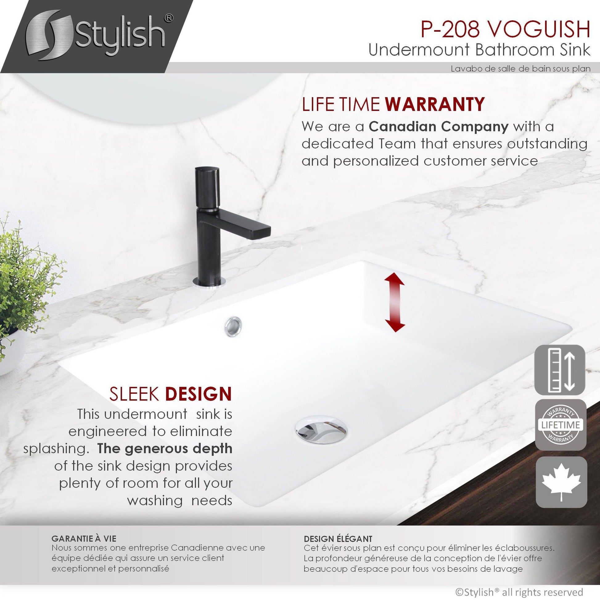 Stylish Voguish 24" x 16" Rectangular Undermount Ceramic Bathroom Sink with 2 Overflow Finishes P-208 - Renoz