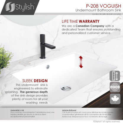 Stylish Voguish 24" x 16" Rectangular Undermount Ceramic Bathroom Sink with 2 Overflow Finishes P-208 - Renoz