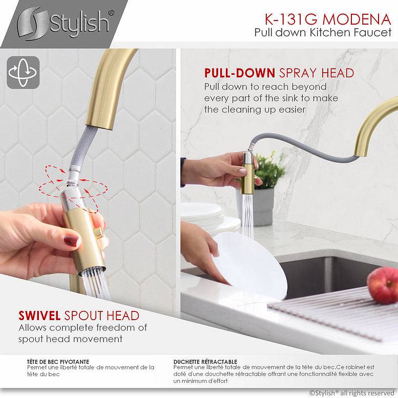 Stylish Modena 14" Kitchen Faucet Single Handle Pull Down Dual Mode Stainless Steel Gold Finish K-131G - Renoz