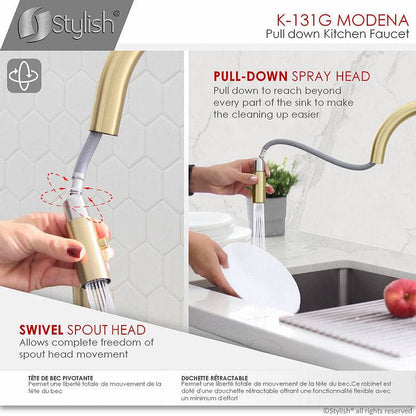 Stylish Modena 14" Kitchen Faucet Single Handle Pull Down Dual Mode Stainless Steel Gold Finish K-131G - Renoz