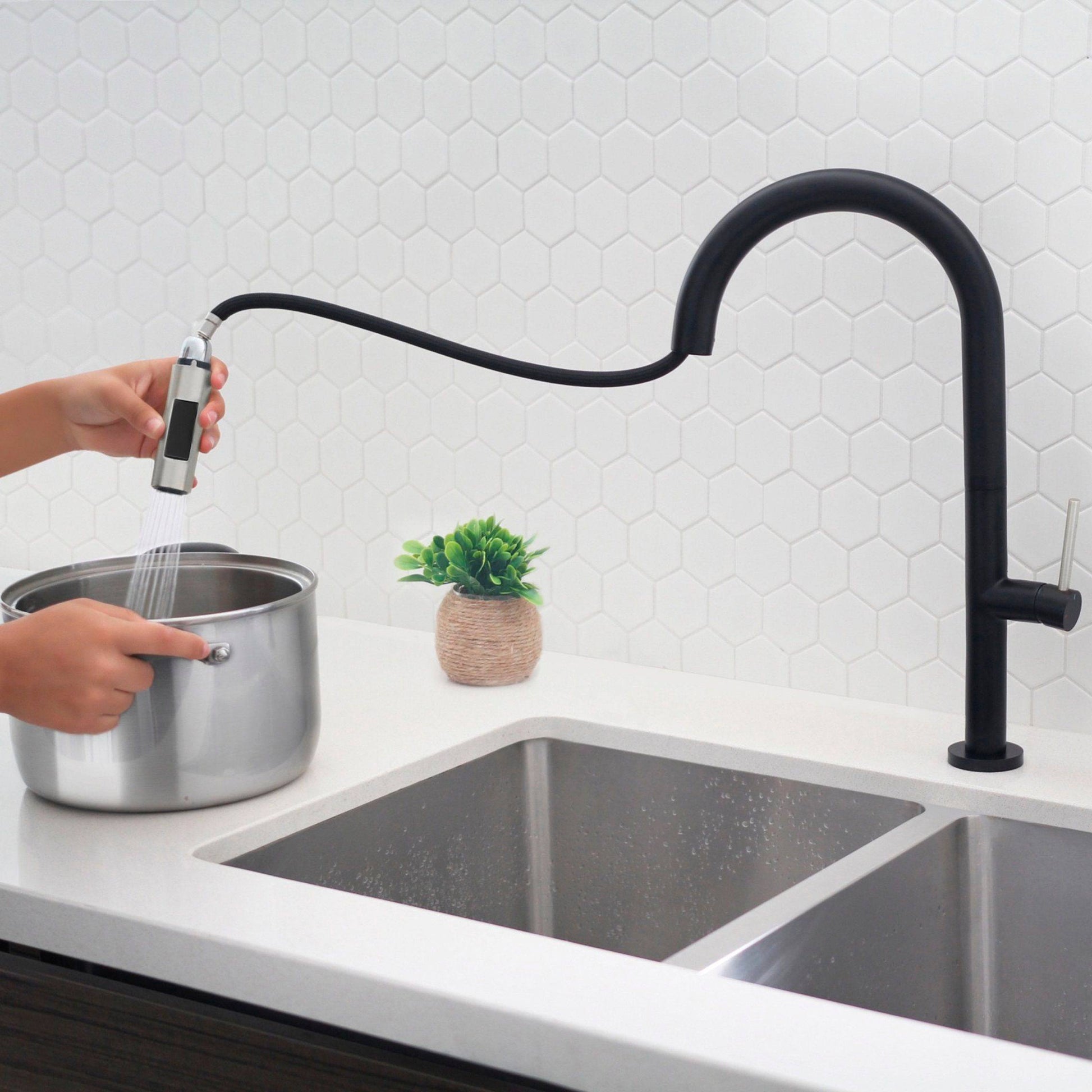 Stylish Catania 17.25" Kitchen Faucet Single Handle Pull Down Dual Mode Lead Free Matte Black with Silver Head and Handle Finish K-141NS - Renoz