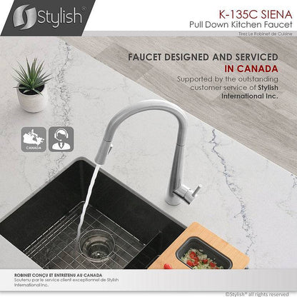 Stylish Siena Kitchen Faucet Single Handle Pull Down Dual Mode Stainless Steel Polished Chrome Finish K-135C - Renoz