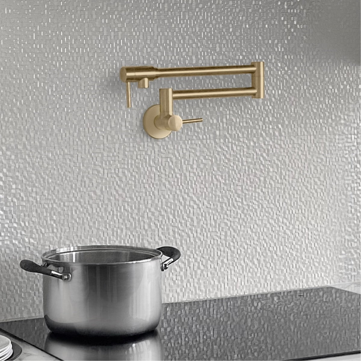 Stylish ASTI Stainless Steel Wall Mount Pot Filler Folding Stretchable with Single Hole Two Handles - Brushed Gold Finish K-145G