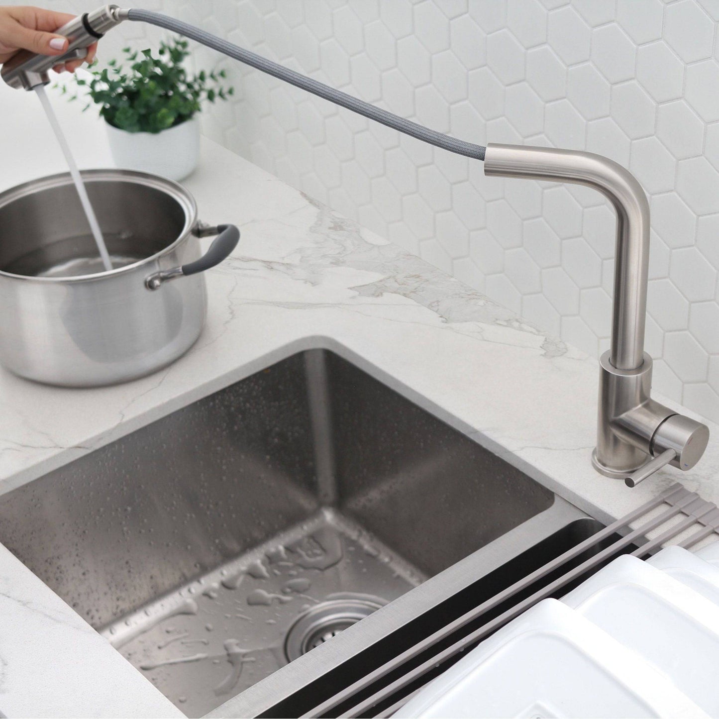 Stylish Venezia 12" Kitchen Faucet Single Handle Pull Down Dual Mode Stainless Steel, Brushed Finish K-130S - Renoz