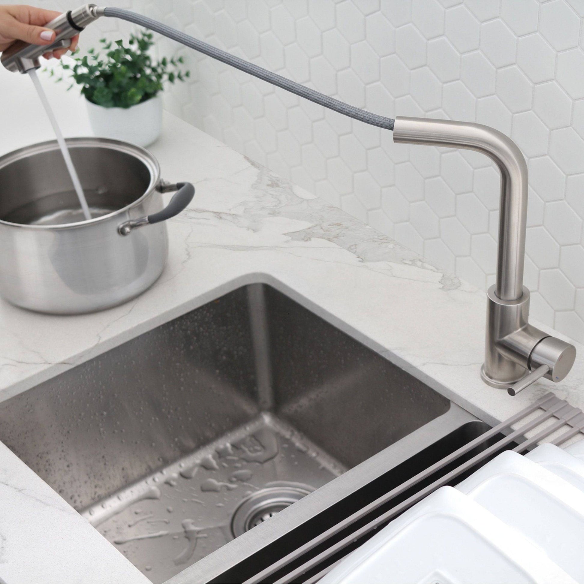 Stylish Venezia 12" Kitchen Faucet Single Handle Pull Down Dual Mode Stainless Steel, Brushed Finish K-130S - Renoz