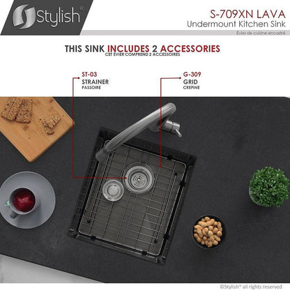 Stylish Lava 16" x 18" Graphite Black Single Bowl Undermount Stainless Steel Kitchen Sink With Grid and Basket Strainer, S-709XN - Renoz