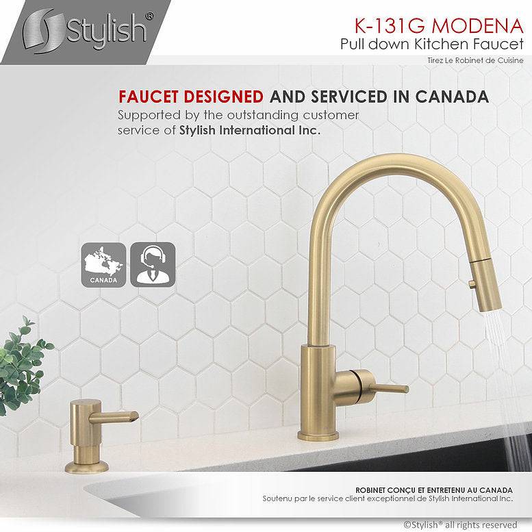 Stylish Modena 14" Kitchen Faucet Single Handle Pull Down Dual Mode Stainless Steel Gold Finish K-131G - Renoz