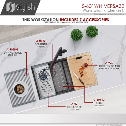 Stylish VERSA 32 32" x 19" Graphite Black Workstation Double Bowl Undermount 16 Gauge Stainless Steel Kitchen Sink with Built in Accessories, S-601WN