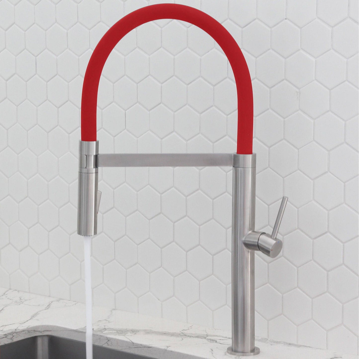 Stylish Carpi 20" Stainless Steel Single Handle Pull Out Dual Mode Kitchen Faucet with Red Spout Hose K-140R - Renoz