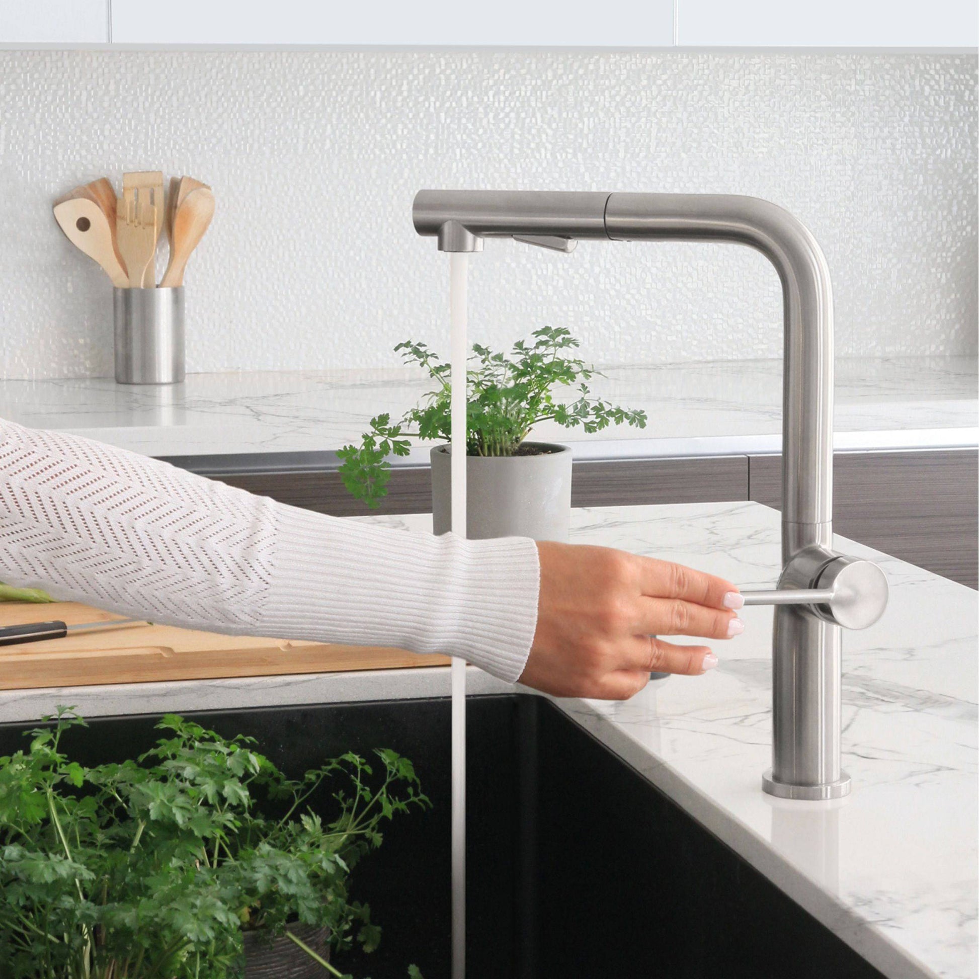 Stylish Latina 13" Kitchen Faucet Single Handle Pull Down Dual Mode Stainless Steel Brushed Finish K-146S - Renoz