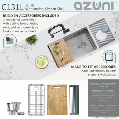 Azuni Albi 30" x 19" Reversible Undermount Workstation Single Bowl Kitchen Sink C131L - Renoz