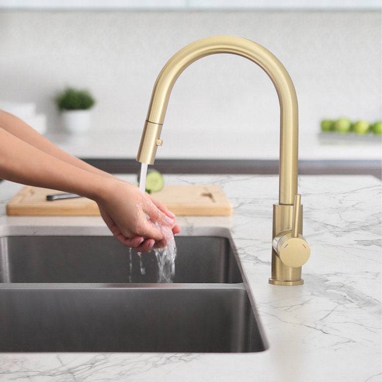 Stylish Modena 14" Kitchen Faucet Single Handle Pull Down Dual Mode Stainless Steel Gold Finish K-131G - Renoz