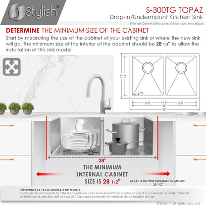 Stylish TOPAZ 28" x 18" Dual Mount Double Bowl Kitchen Sink, 18 Gauge Stainless Steel with Grids and Basket Strainers, S-300TG