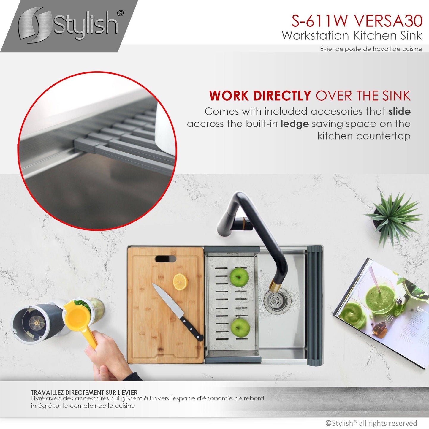 Stylish Versa30 30" x 19" Workstation Single Bowl Undermount 16 Gauge Stainless Steel Kitchen Sink with Built in Accessories S-611W - Renoz