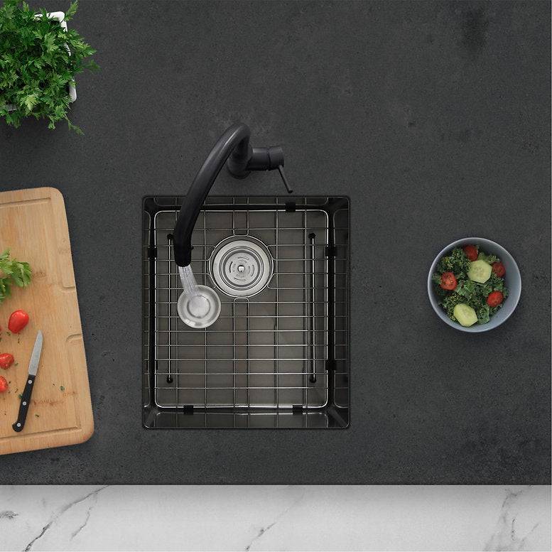 Stylish Lava 16" x 18" Graphite Black Single Bowl Undermount Stainless Steel Kitchen Sink With Grid and Basket Strainer, S-709XN - Renoz