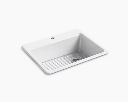 Kohler Riverby Évier de cuisine à cuve unique 27 po x 22 po x 9 5/8 po à montage sur le dessus avec support d'évier inférieur et trou de robinet unique - Blanc