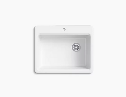 Kohler Riverby Évier de cuisine à cuve unique 27 po x 22 po x 9 5/8 po à montage sur le dessus avec support d'évier inférieur et trou de robinet unique - Blanc