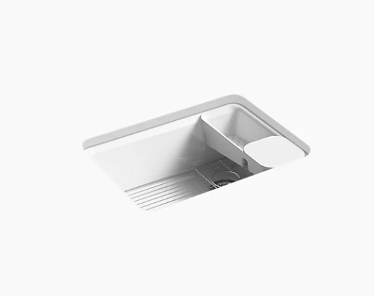 Kohler Riverby Évier de cuisine à cuve unique 27 po x 22 po x 9 5/8 po avec accessoires et 5 trous de robinet surdimensionnés - Blanc