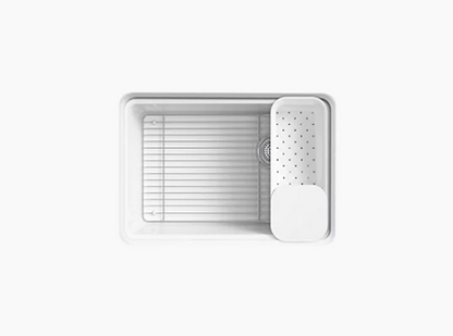 Kohler Riverby Évier de cuisine à cuve unique 27 po x 22 po x 9 5/8 po avec accessoires et 5 trous de robinet surdimensionnés - Blanc