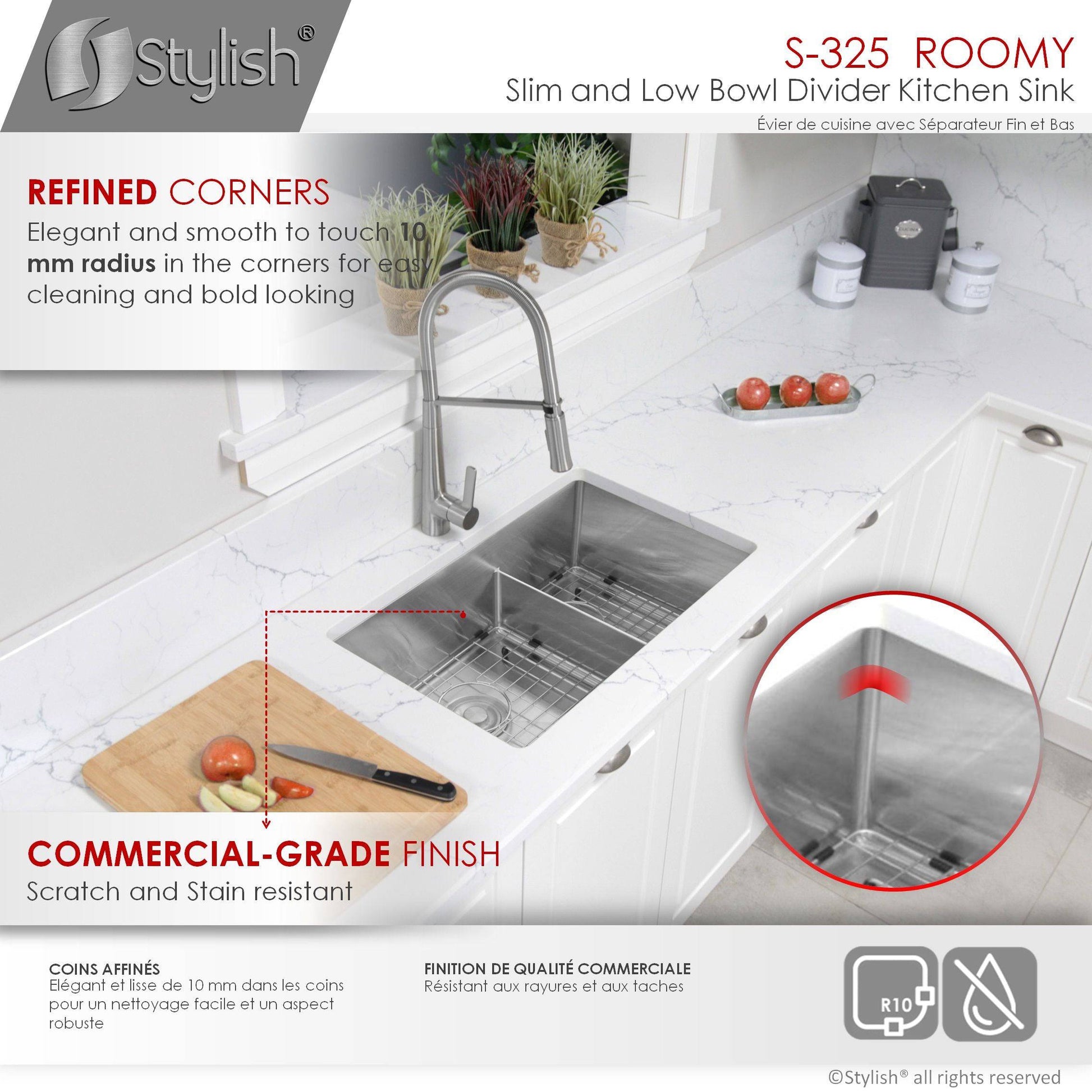 Stylish Roomy 32" x 18" Low Divider 60-40 Double Bowl Undermount Stainless Steel Kitchen Sink S-325XG - Renoz