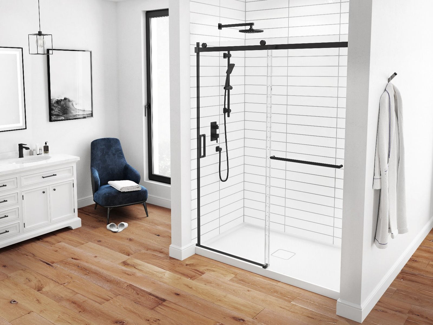 Porte de douche coulissante Kalia SPEC Koncept-II 48" x 77" avec barre à serviettes et verre transparent - Noir mat