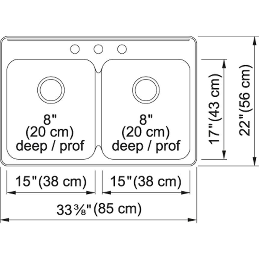 Kindred Steel Queen 33.37" x 22" Stainless Steel 20 Gauge Double Bowl, Equal Drop-In 3-Hole Kitchen Sink - Renoz