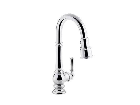 Kohler Artifacts Single Hole Kitchen Sink Faucet With 16" Pull Down Spout And Turned Lever Handle- Polished Chrome