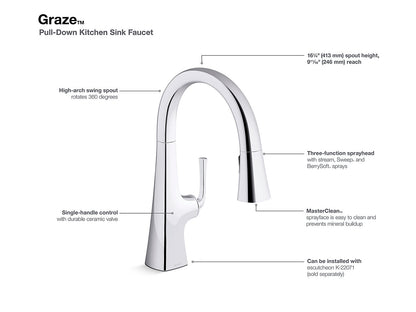 Kohler Robinet d'évier de cuisine à tirette Graze avec tête de pulvérisation à trois fonctions - Noir mat