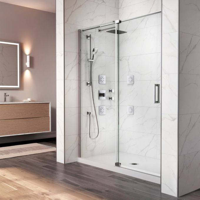 Kalia DISTINK 60" x 77" 2-Panel Pivot Shower Door for Alcove Inst. (Reversible) Chrome Clear Dura Clean Glass - Renoz