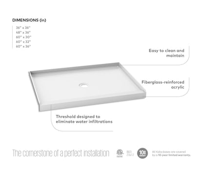 Base de douche carrée en acrylique Kalia SPEC Koncept 36" x 36" avec drain en coin