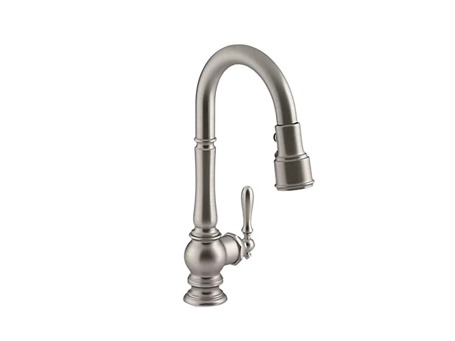 Kohler Artifacts Single Hole Kitchen Sink Faucet With 16" Pull Down Spout And Turned Lever Handle- Vibrant Stainless