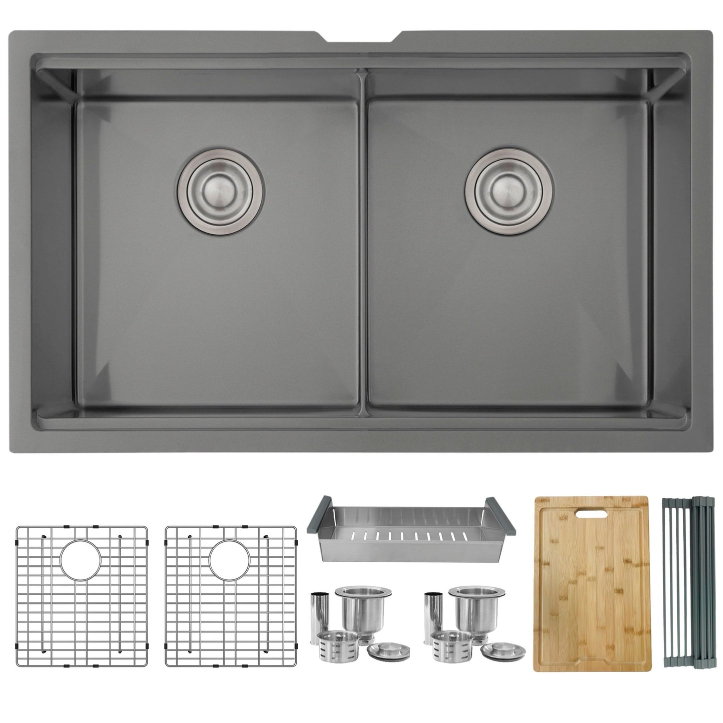 Stylish VERSA 32 32" x 19" Graphite Black Workstation Double Bowl Undermount 16 Gauge Stainless Steel Kitchen Sink with Built in Accessories, S-601WN