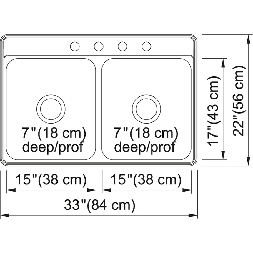 Kindred Creemore 33" x 22" Drop In Double Bowl 4-Hole Stainless Steel Kitchen Sink - Renoz
