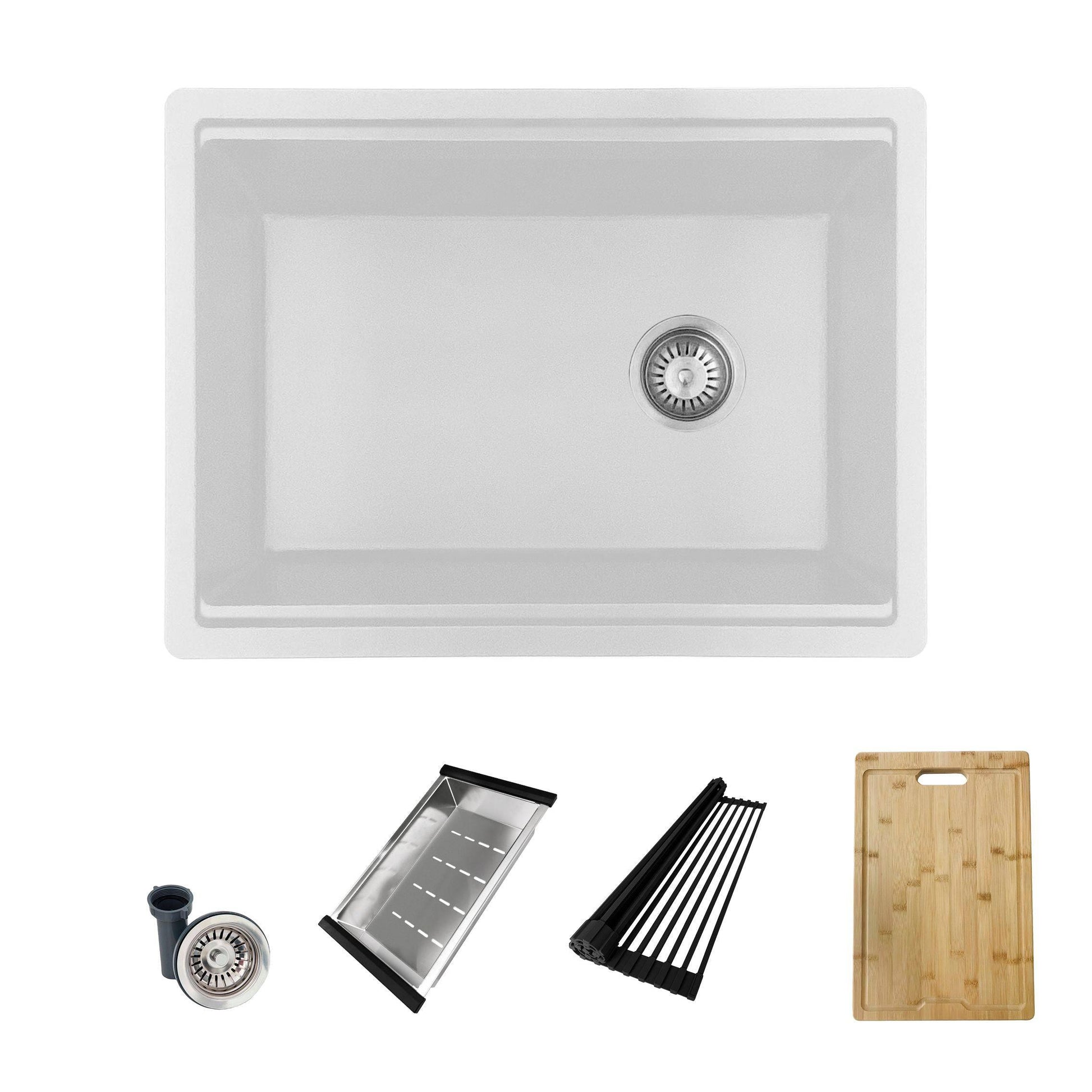 Stylish Kinbrook 28" x 18" Dual Mount Workstation Single Bowl White Composite Granite Kitchen Sink with Built in Accessories - Renoz