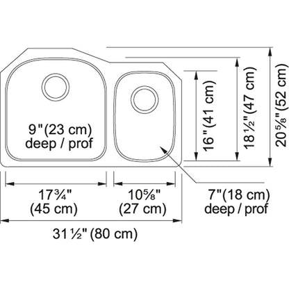 Kindred 31.5" x 20.62" Double Bowl Undermount Sink With Bottom Grind and Waste Fittings Stainless Steel - Renoz