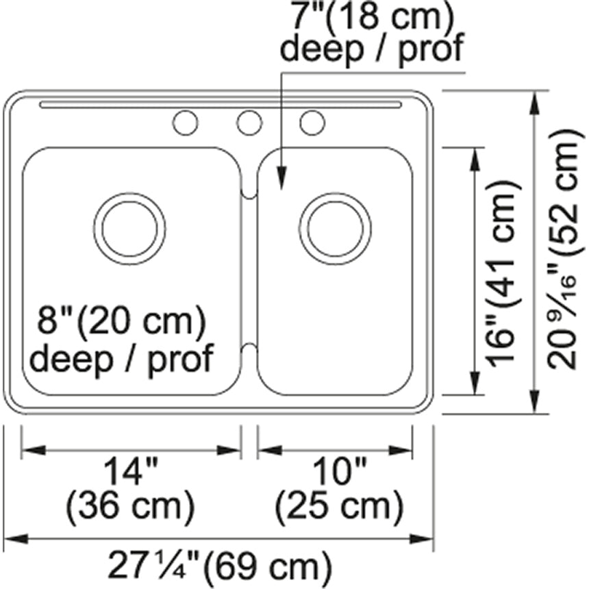 Kindred 27.25" x 20.56" 3-hole Double Bowl Drop-in Kitchen Sink Stainless Steel - Renoz