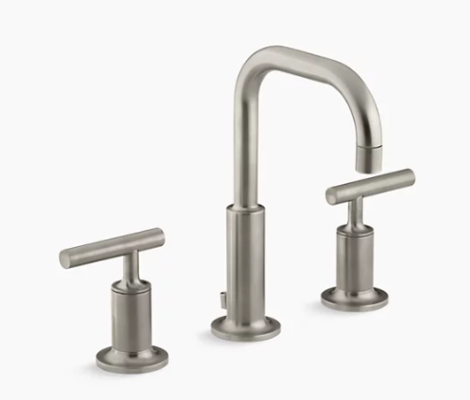 Kohler Purist Widespread Bathroom Sink Faucet With Low Lever Handles And Low Gooseneck Spout - Vibrant Brushed Nickel