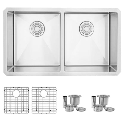 Stylish Zircon 32" x 18" Double Bowl Undermount Stainless Steel Kitchen Sink S-301XG - Renoz