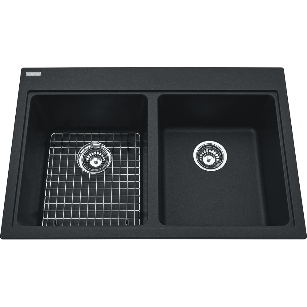 Kindred Mythos 33" x 22" Double Bowl Drop-in Granite Sink With Bottom Grid and Waste Fitting Onyx - Renoz