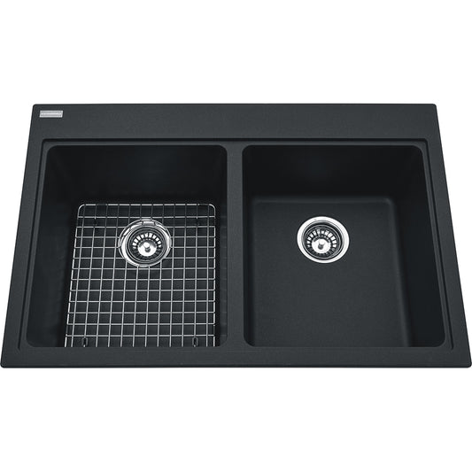 Kindred Mythos 33" x 22" Double Bowl Drop-in Granite Sink With Bottom Grid and Waste Fitting Onyx - Renoz