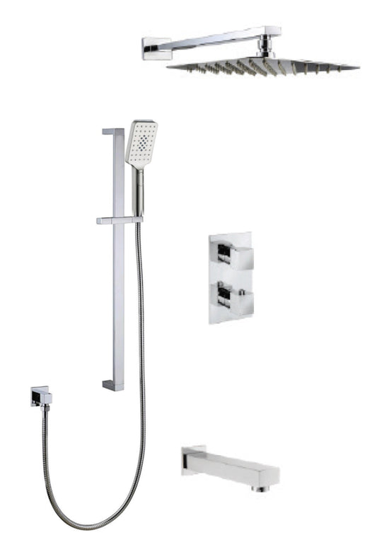 Streamline Cavalli CAVKIT24 Thermostatic Shower Kit With 10" Square Shower Head Square 3 Function Hand Shower and Square Tub Spout - Renoz